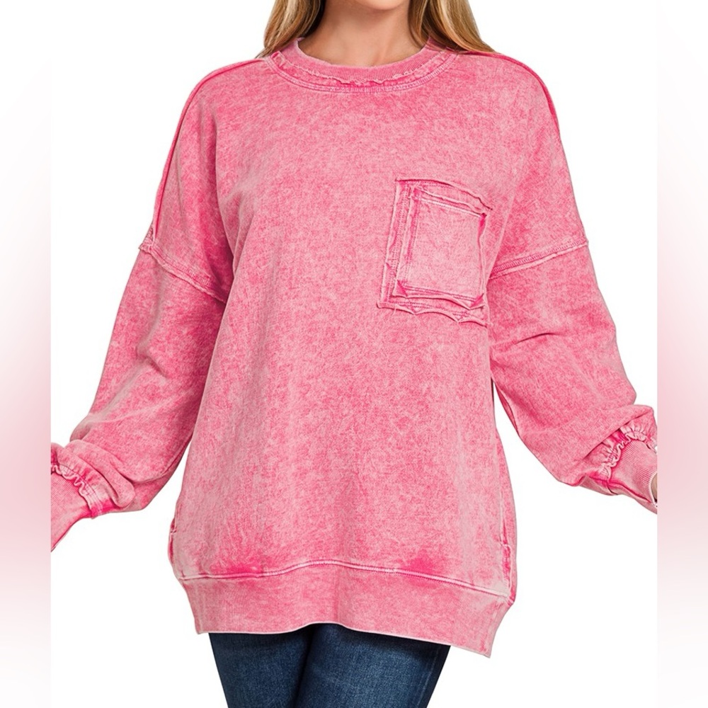 NWT Zenana Hot Pink Acid Wash French Terry Oversized Crewneck Sweatshirt